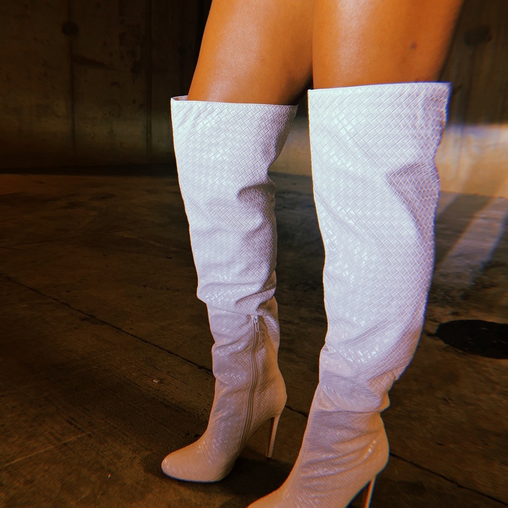 Off-white thigh high boot with woven detailed vegan leather and stilleto heel. - Picture 5 of 6
